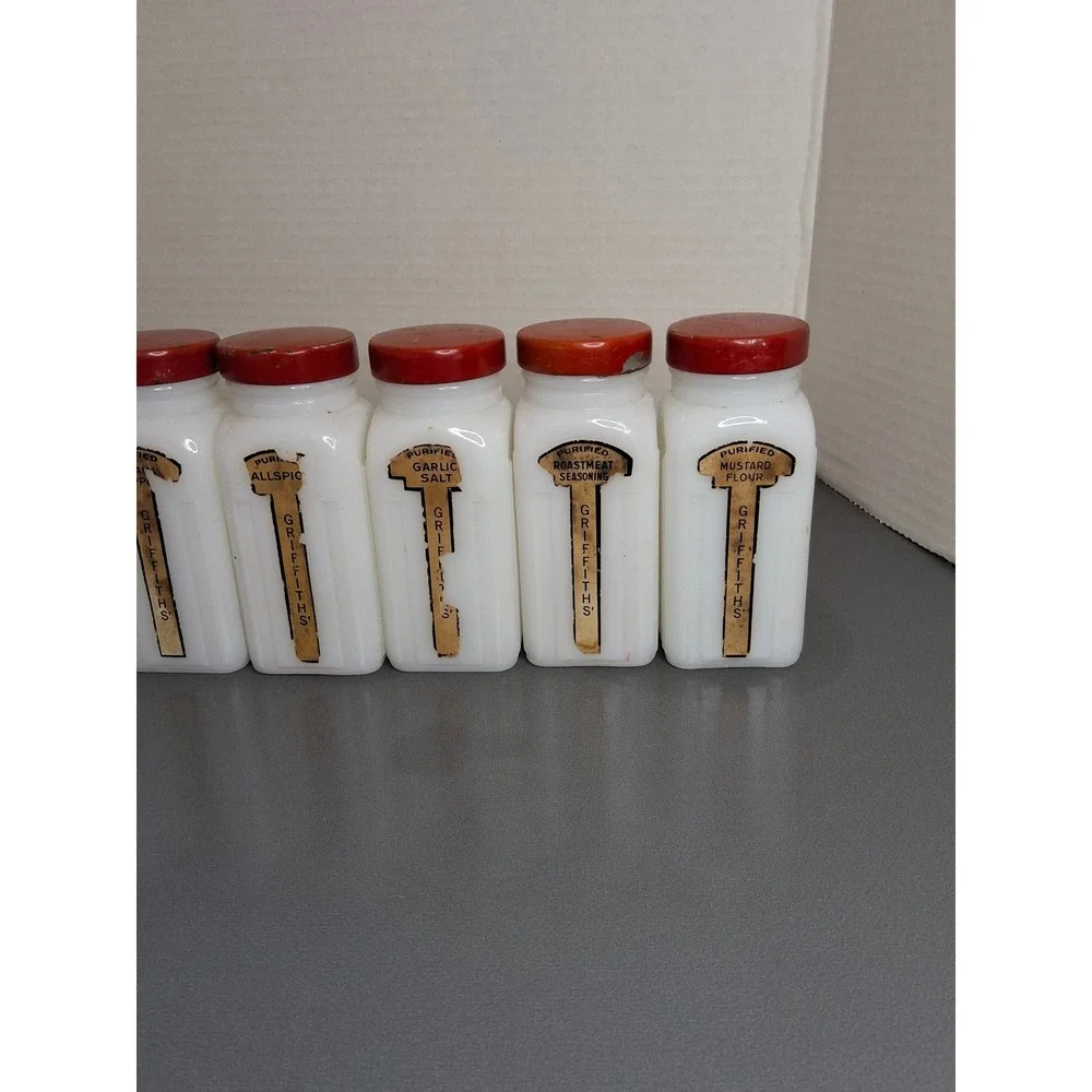 Vintage Griffiths Milk Glass Spice Jars Set of 8 Red Lids Art Deco Kitchen Decor